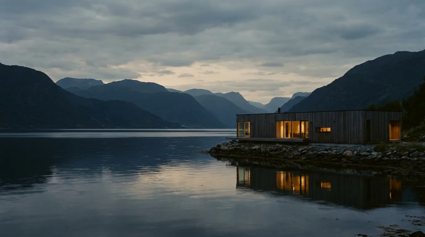 Dusk over a Norwegian fjord: dark water, mountain silhouettes, and a single low timber building lit warm at the shore.
