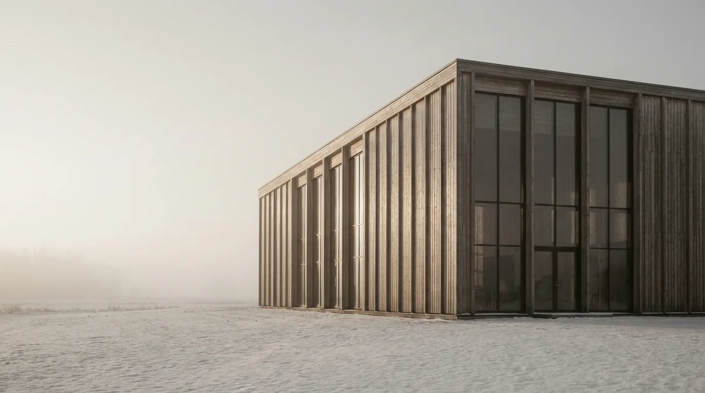 A monumental timber and glass hall standing in low winter sun and fog, its slatted facade glowing faintly across a pale snow field.