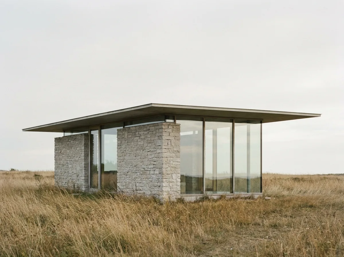 A stone and glass pavilion with a thin floating roof, set alone in a dry Gotland meadow.
