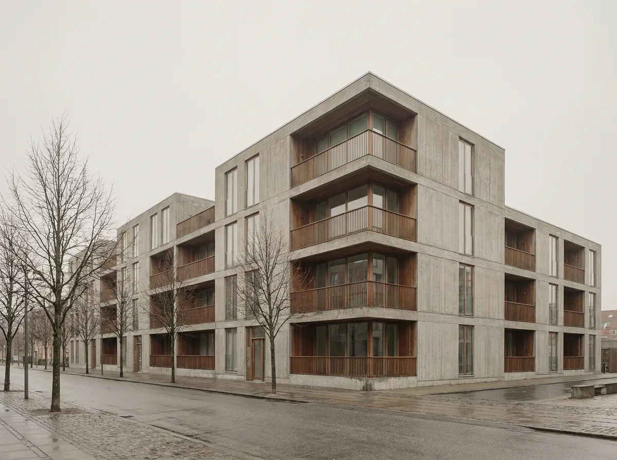 A Copenhagen housing block with a concrete frame and recessed warm timber balconies, street trees in front.