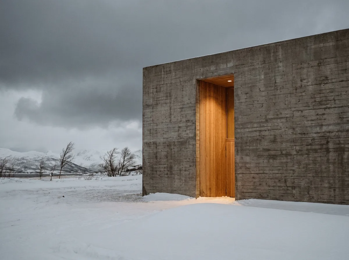 A board-formed concrete culture house under a dark arctic sky in Tromsø, its timber entrance glowing across the snow.